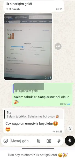 eBay təlimi tələbəsinin ilk sifarişi — WhatsApp yazışması