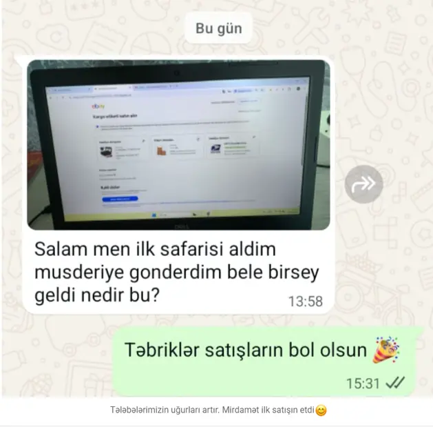 eBay dropshipping ilk satış bildirişi — WhatsApp