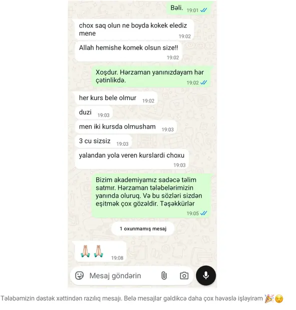 eBay təlimi haqqında tələbə rəyi — WhatsApp yazışması