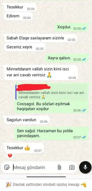 eCommerce təlimində dəstək yazışması — WhatsApp